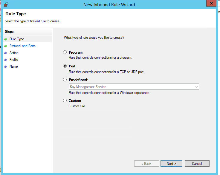 Windows Firewall: New Inbound Rule Wizard (Port rule)