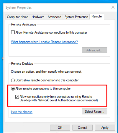 Remote tab: allow remote connections and NLA