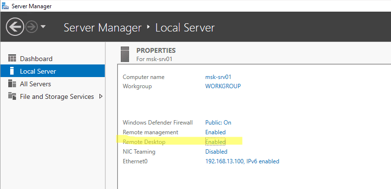 Server Manager: enable Remote Desktop