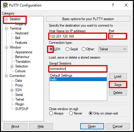 PuTTY SSH connection settings