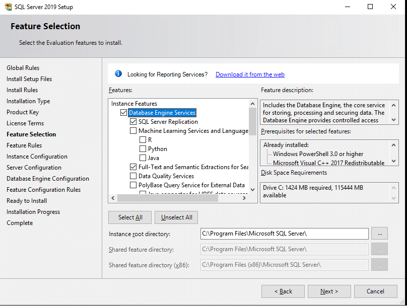 SQL Server feature selection