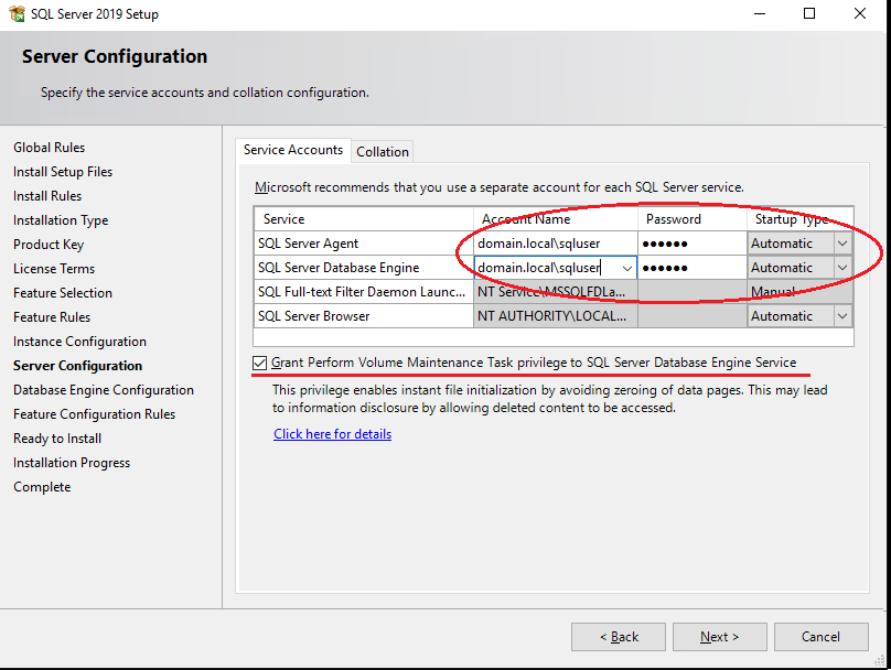 SQL Server service accounts configuration