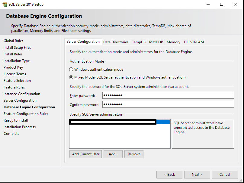 SQL Server authentication mode and admin configuration